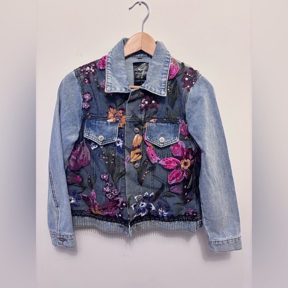 Gabby Isabella Blue Jean Jacket with Purple and Pink Floral Embroidery